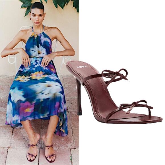 Mango MNG Morla Double Bow Strap Heeled Sandal Burgundy Size 37/ 6.5 - Picture 1 of 13